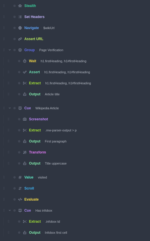 The same flow with two Cue blocks — "Wikipedia Article" and "Has infobox" — each wrapping their own steps.