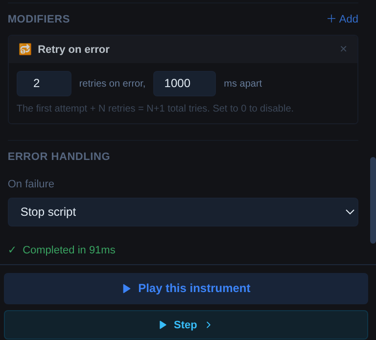 The Modifiers section of the config panel with a Retry card
